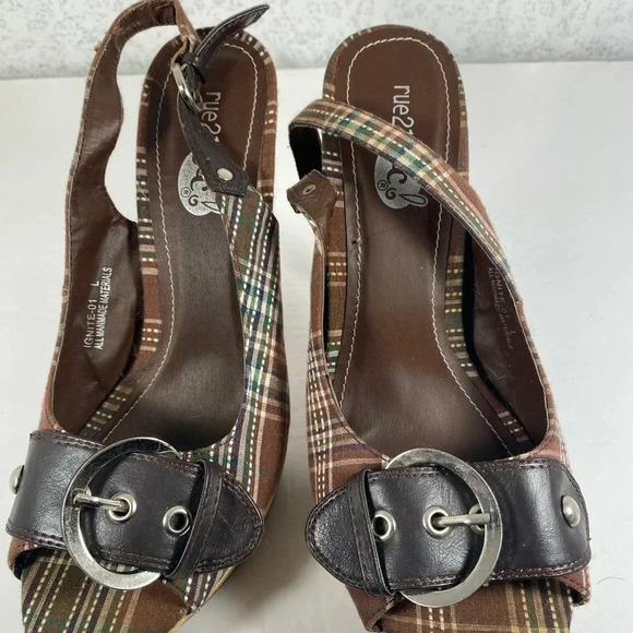 Rue 21 Brown & Teal Pin Stripe Open Toed Heels - Picture 9 of 11